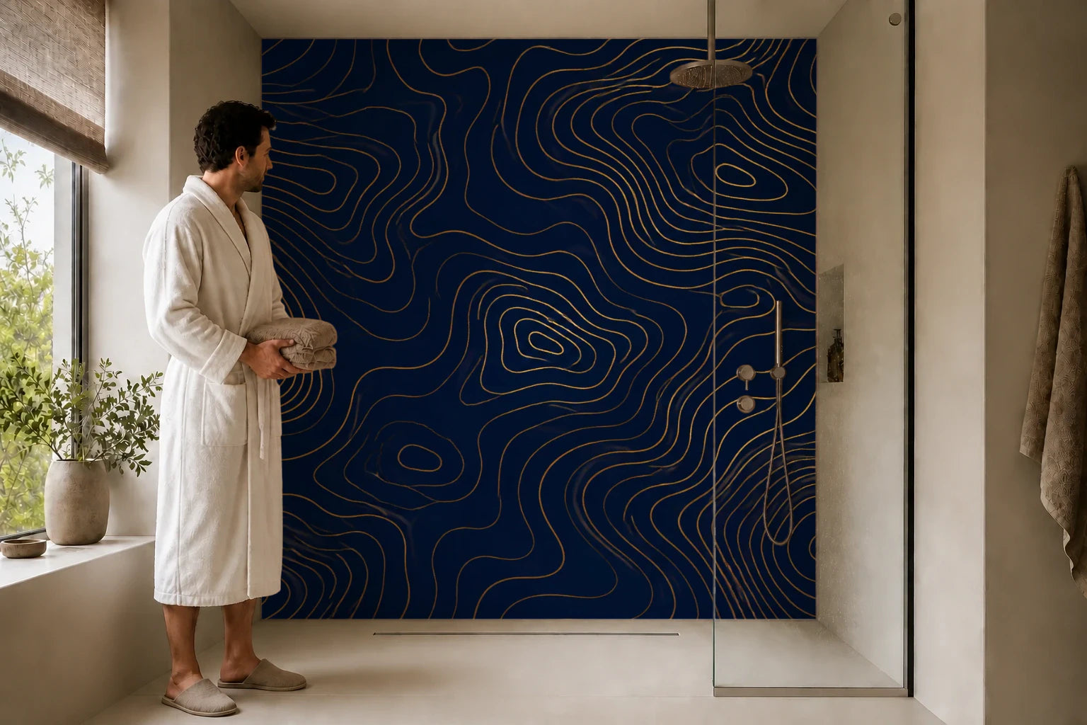 Duschrückwand „Topografische Linien in Nachtblau“ in einer Dusche mit einem Mann im Bademantel