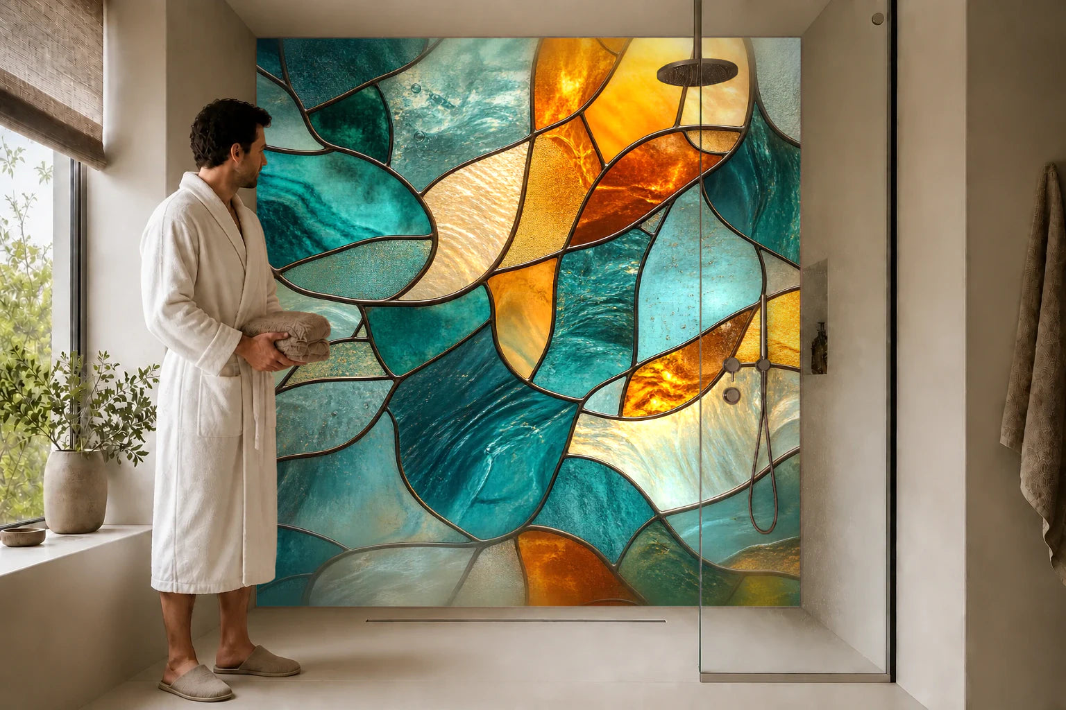 Duschrückwand „Farbglas-Raster in Petrol und Bernstein“ in einer Dusche mit einem Mann im Bademantel