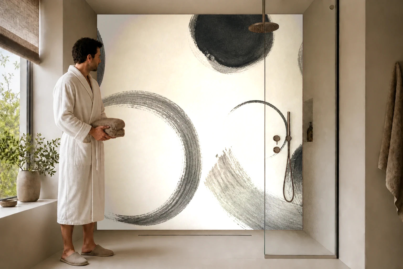 Duschrückwand „Graphitkreise auf Creme“ in einer Dusche mit einem Mann im Bademantel