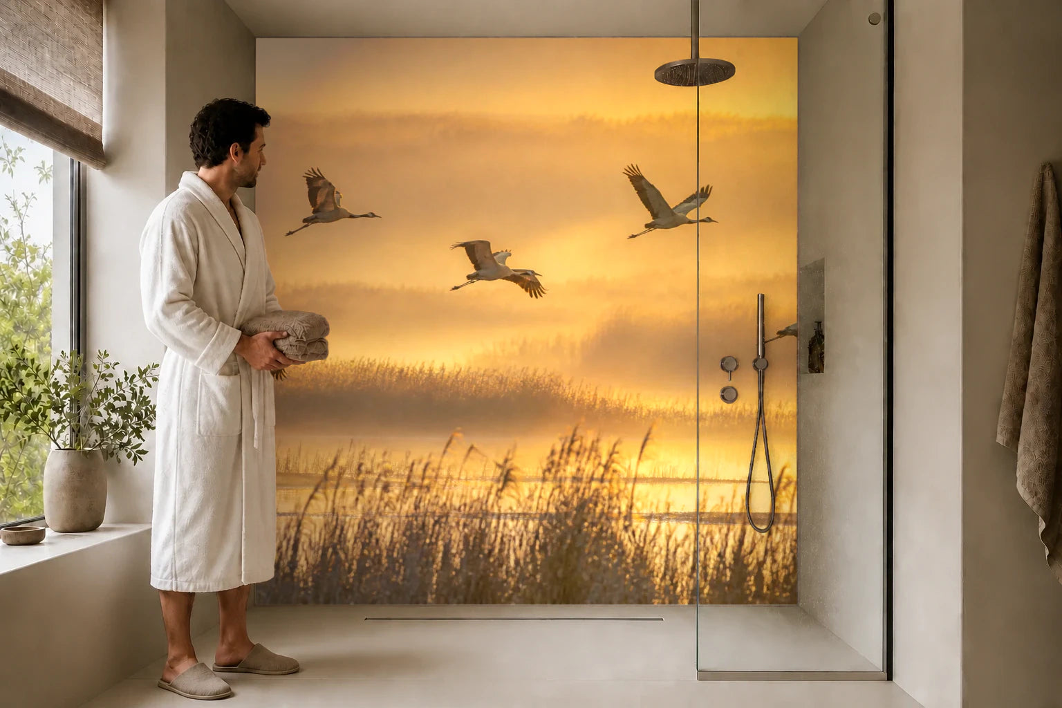 Duschrückwand „Kranichflug im Morgennebel“ in einer Dusche mit einem Mann im Bademantel