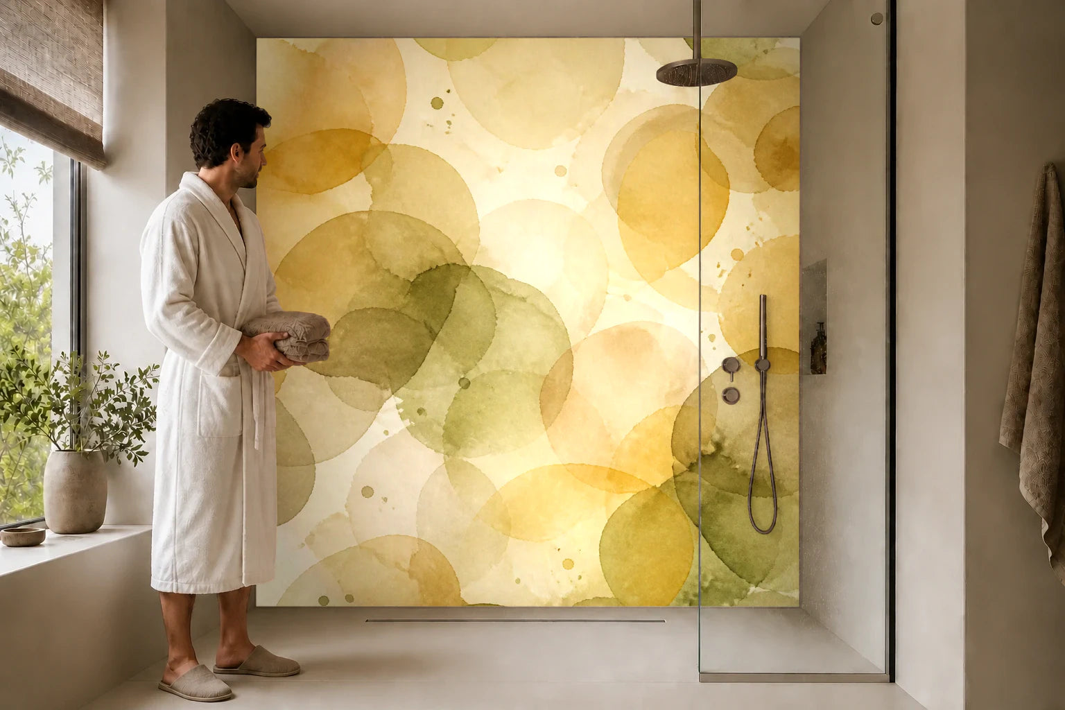 Duschrückwand „Herbstkreise im Fluss“ in einer Dusche mit einem Mann im Bademantel