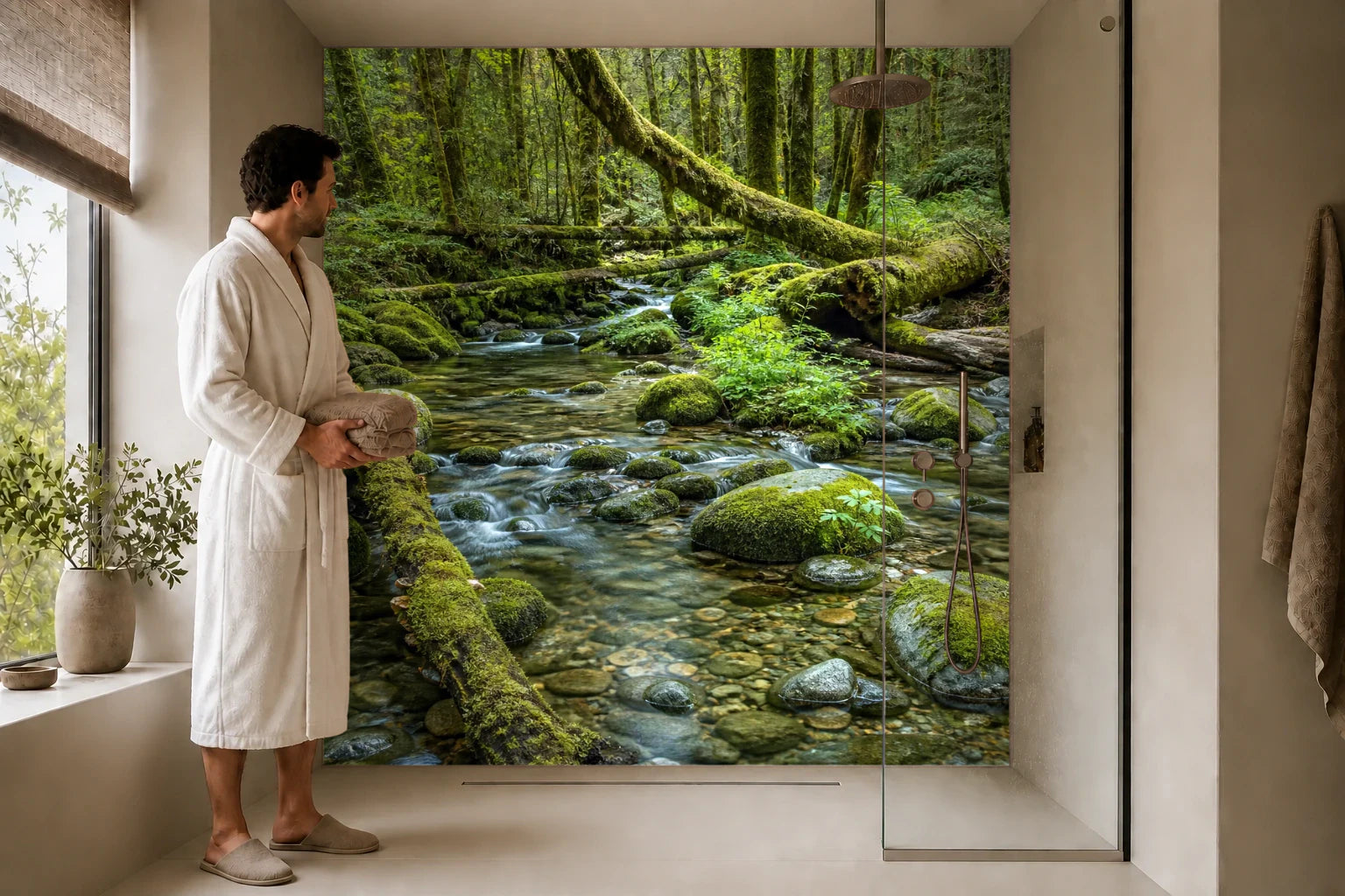 Duschrückwand „Mooswald am klaren Bach“ in einer Dusche mit einem Mann im Bademantel