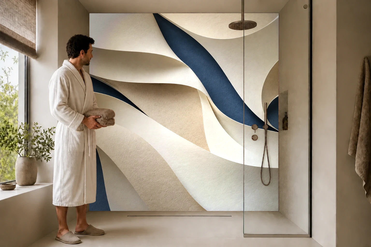 Duschrückwand „Papierbögen in Sand und Tintenblau“ in einer Dusche mit einem Mann im Bademantel