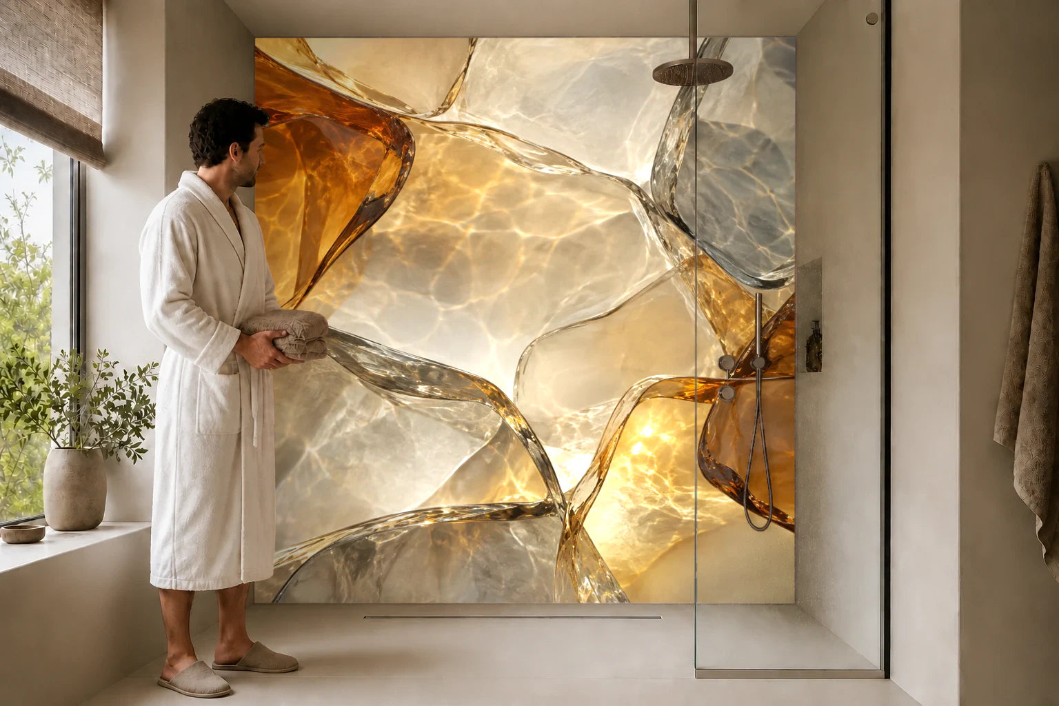 Duschrückwand „Bernsteinglas in transparenten Schichten“ in einer Dusche mit einem Mann im Bademantel