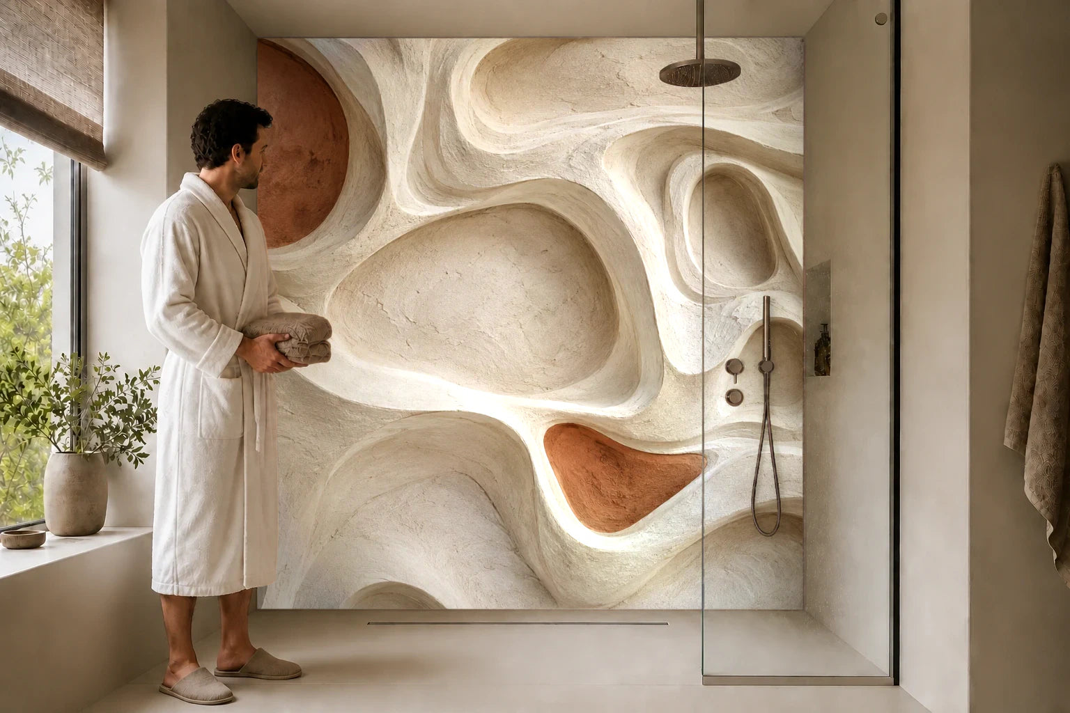 Duschrückwand „Tonrelief mit weichen Einschnitten“ in einer Dusche mit einem Mann im Bademantel
