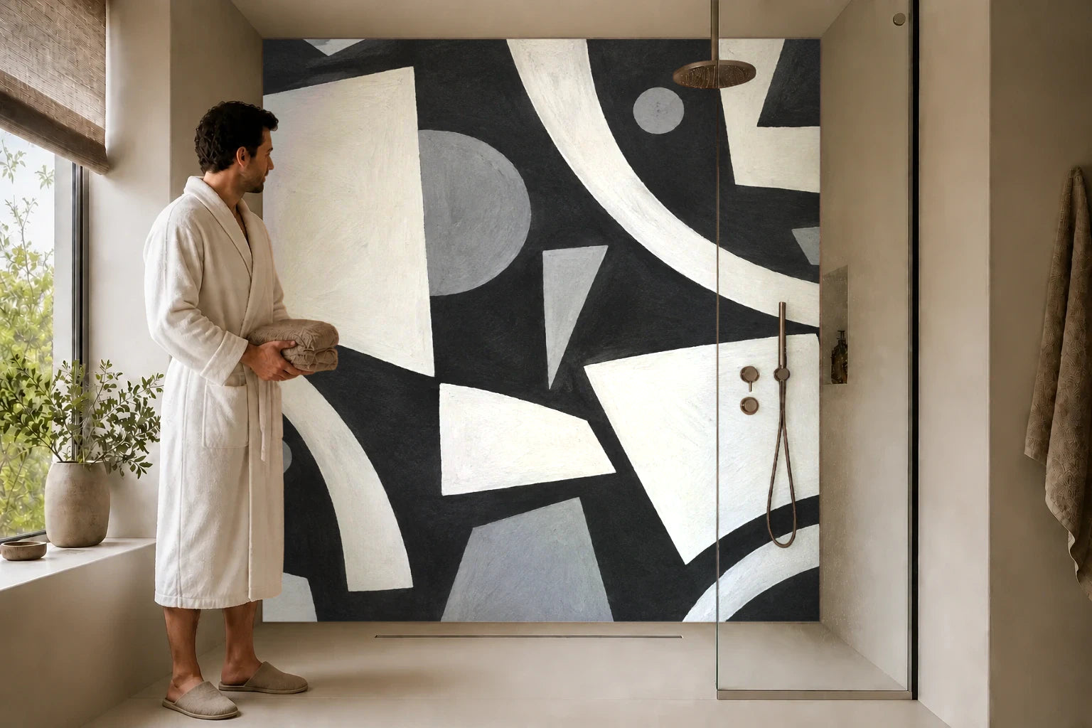 Duschrückwand „Kreideflächen auf dunklem Grund“ in einer Dusche mit einem Mann im Bademantel