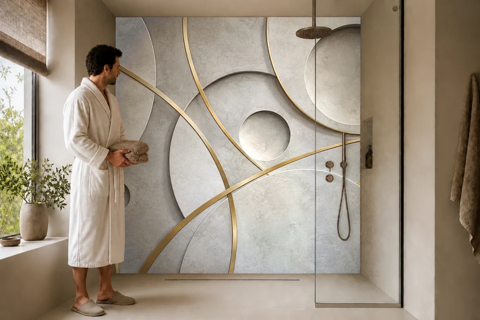 Duschrückwand „Messinglinien auf grauem Relief“ in einer Dusche mit einem Mann im Bademantel