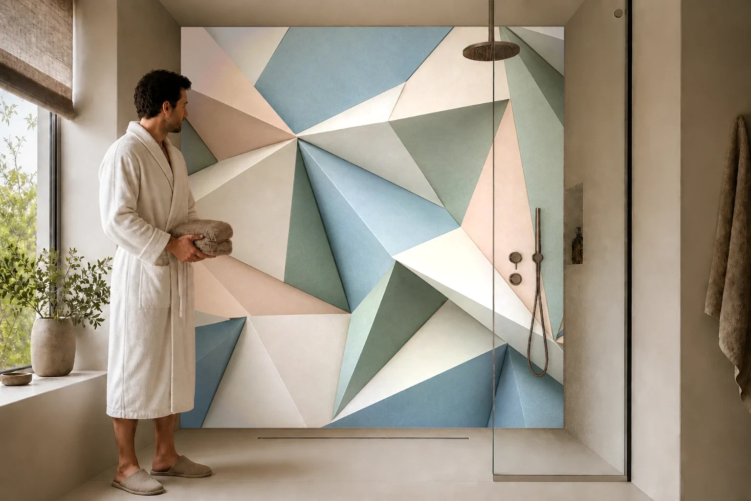 Duschrückwand „Pastellprismen aus gefaltetem Papier“ in einer Dusche mit einem Mann im Bademantel