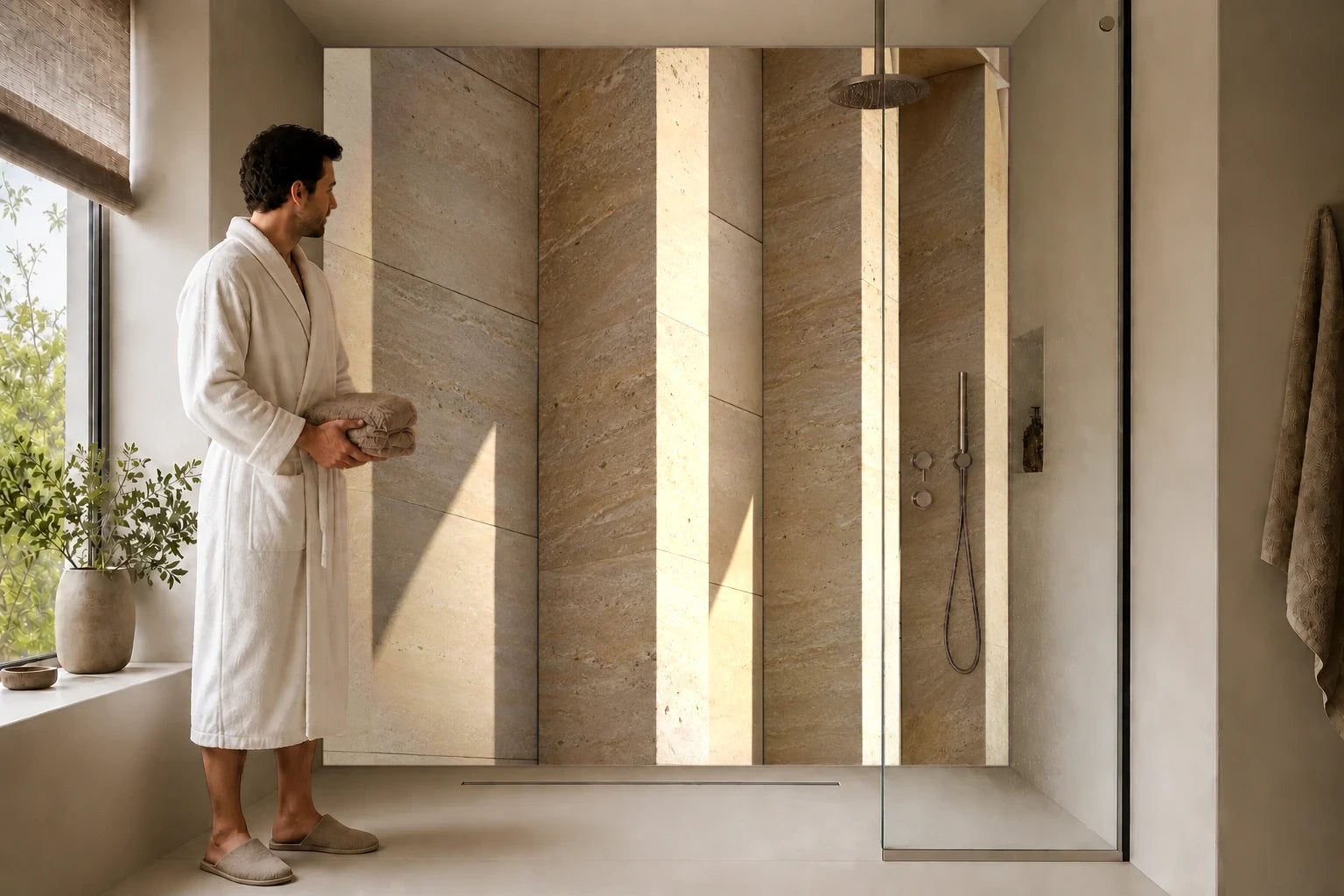 Duschrückwand „Lamellenschatten an hellem Sandstein“ in einer Dusche mit einem Mann im Bademantel