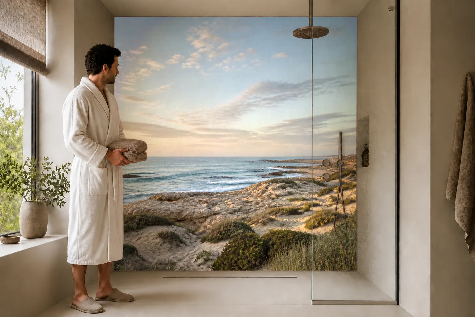 Duschrückwand „Küstenweite im Abendgold“ in einer Dusche mit einem Mann im Bademantel