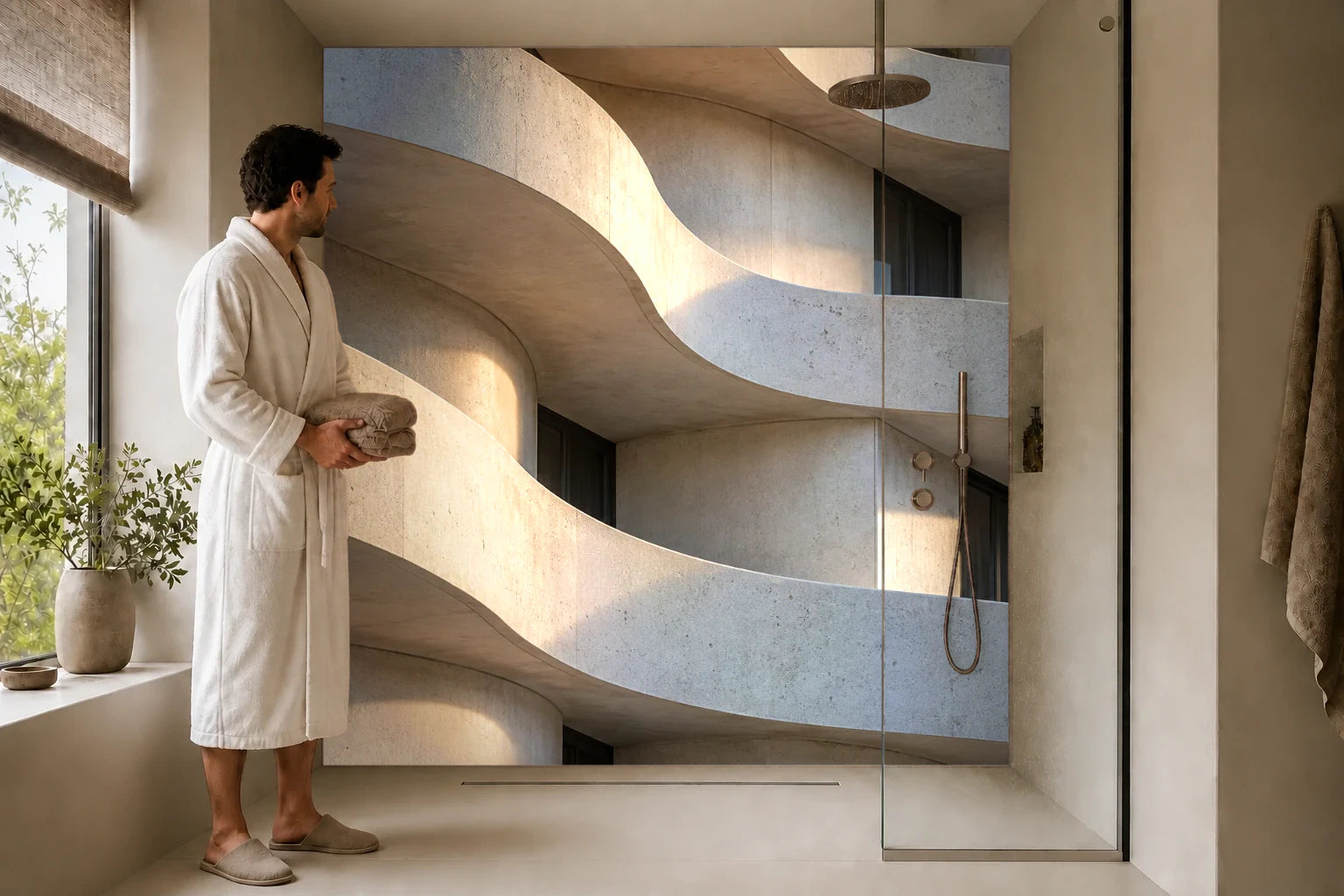 Duschrückwand „Geschwungene Fassade im Morgenlicht“ in einer Dusche mit einem Mann im Bademantel