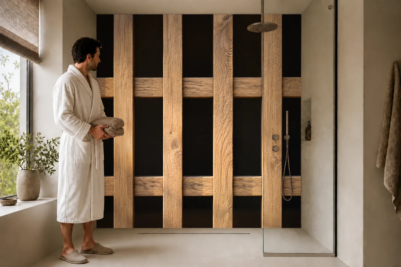 Duschrückwand „Offenes Holzgitter im Seitenlicht“ in einer Dusche mit einem Mann im Bademantel