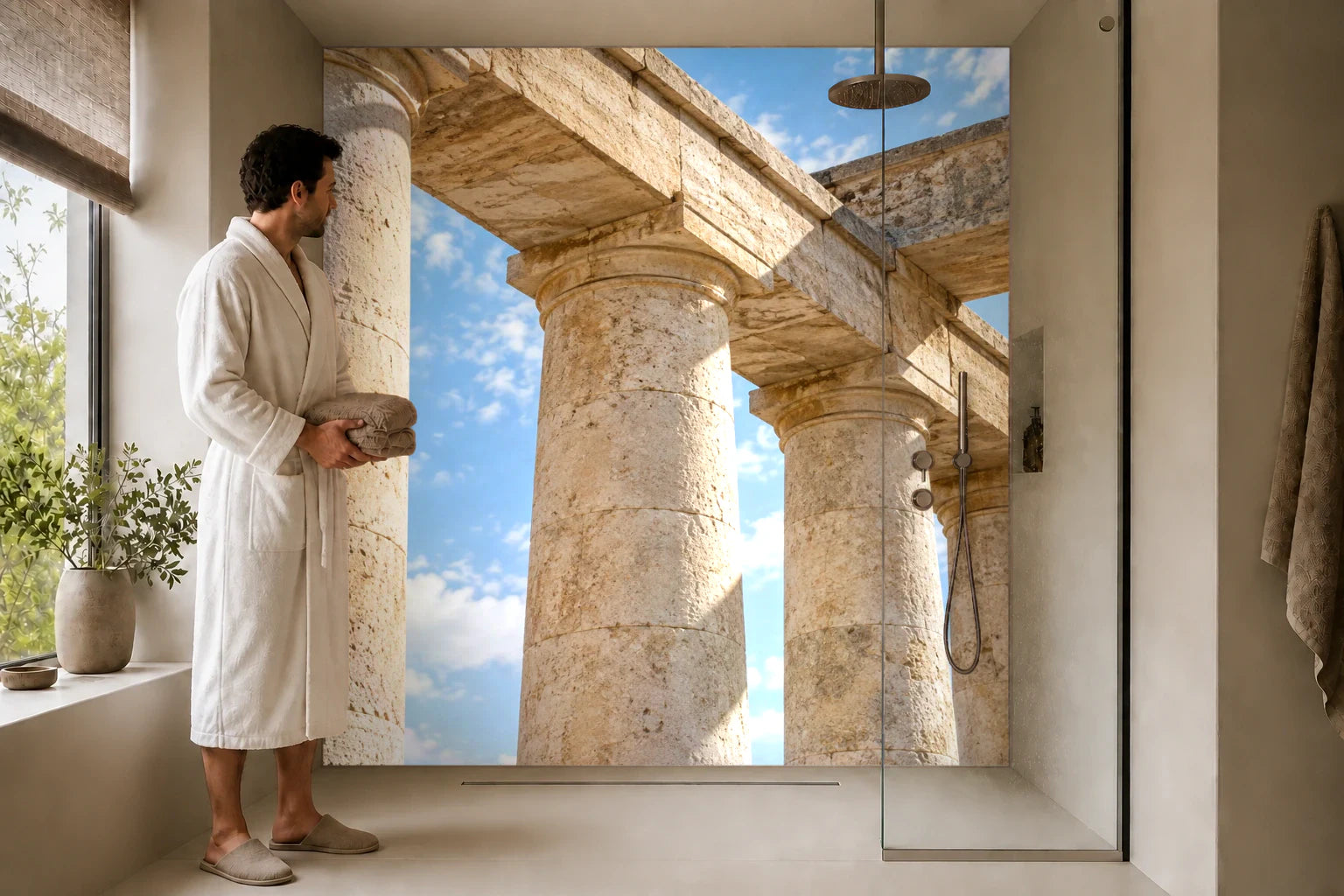 Duschrückwand „Steinsäulen unter weitem Gebälk“ in einer Dusche mit einem Mann im Bademantel