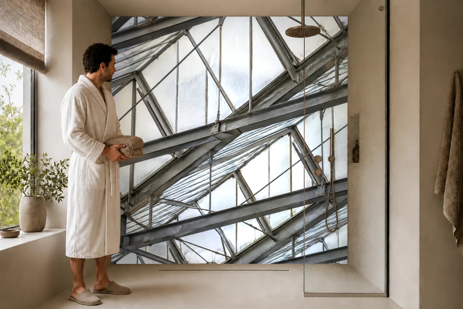 Duschrückwand „Gefaltetes Glasdach im Tageslicht“ in einer Dusche mit einem Mann im Bademantel