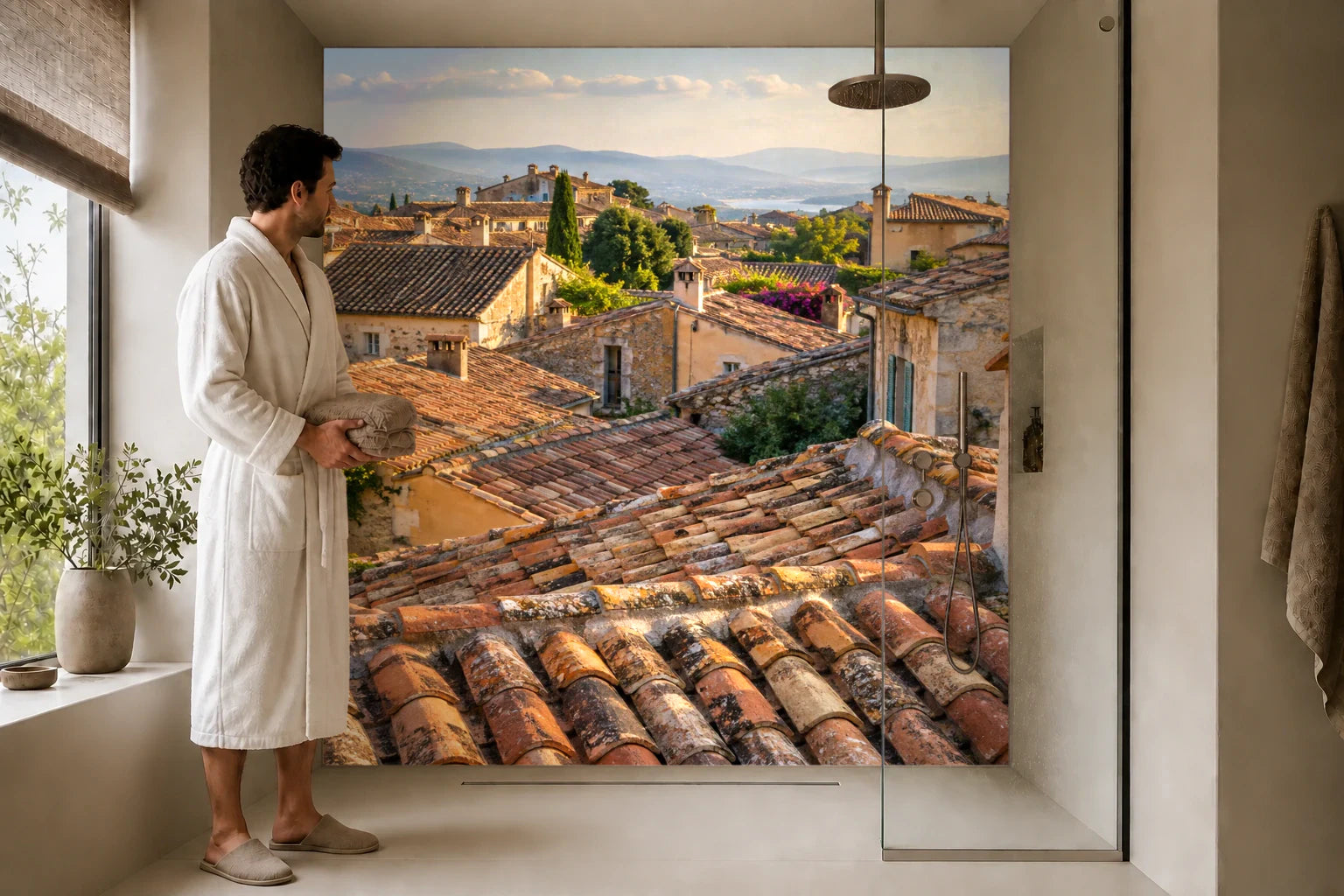 Duschrückwand „Dächer über einer stillen Altstadt“ in einer Dusche mit einem Mann im Bademantel