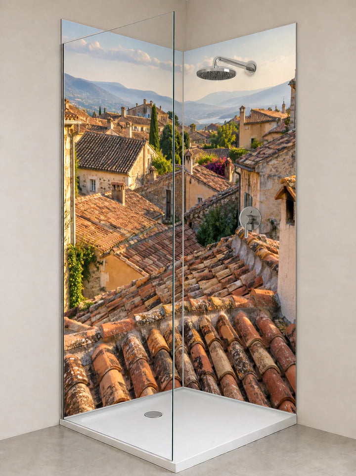 Duschrückwand „Dächer über einer stillen Altstadt“ als installierte Rückwand in einer hellen Dusche