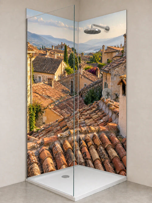 Duschrückwand „Dächer über einer stillen Altstadt“ als installierte Rückwand in einer hellen Dusche