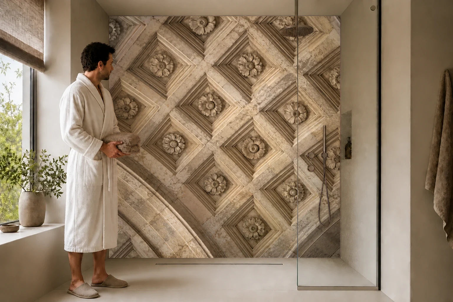 Duschrückwand „Steinrosetten im Gewölbe“ in einer Dusche mit einem Mann im Bademantel