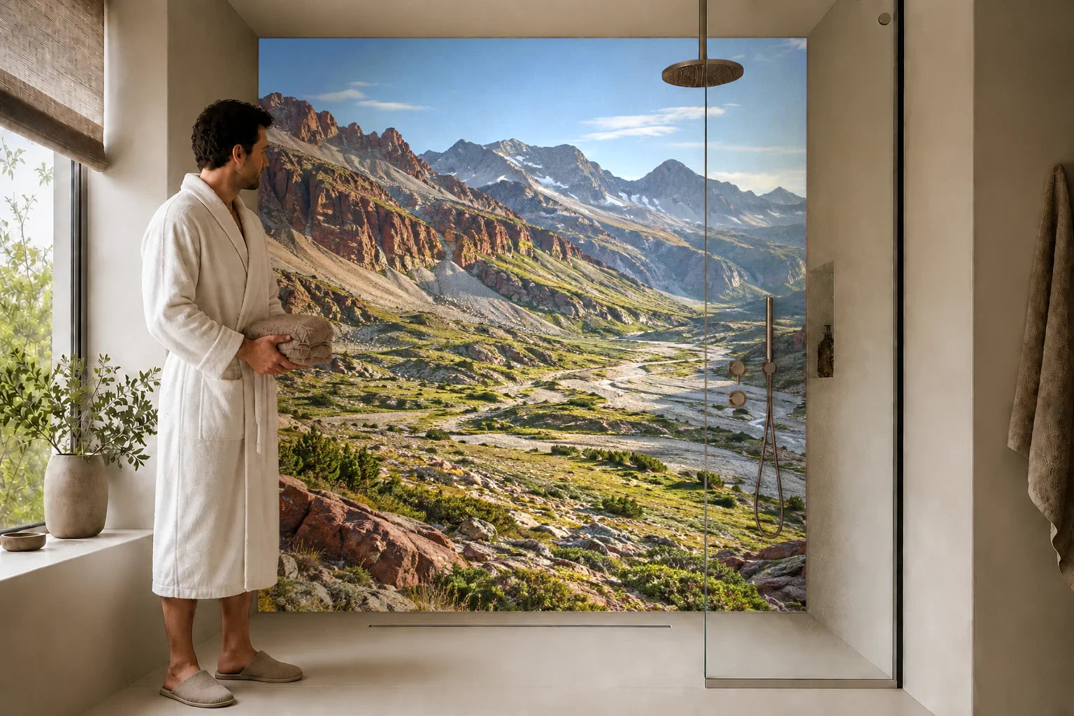 Duschrückwand „Rote Felsgrate über dem Hochtal“ in einer Dusche mit einem Mann im Bademantel