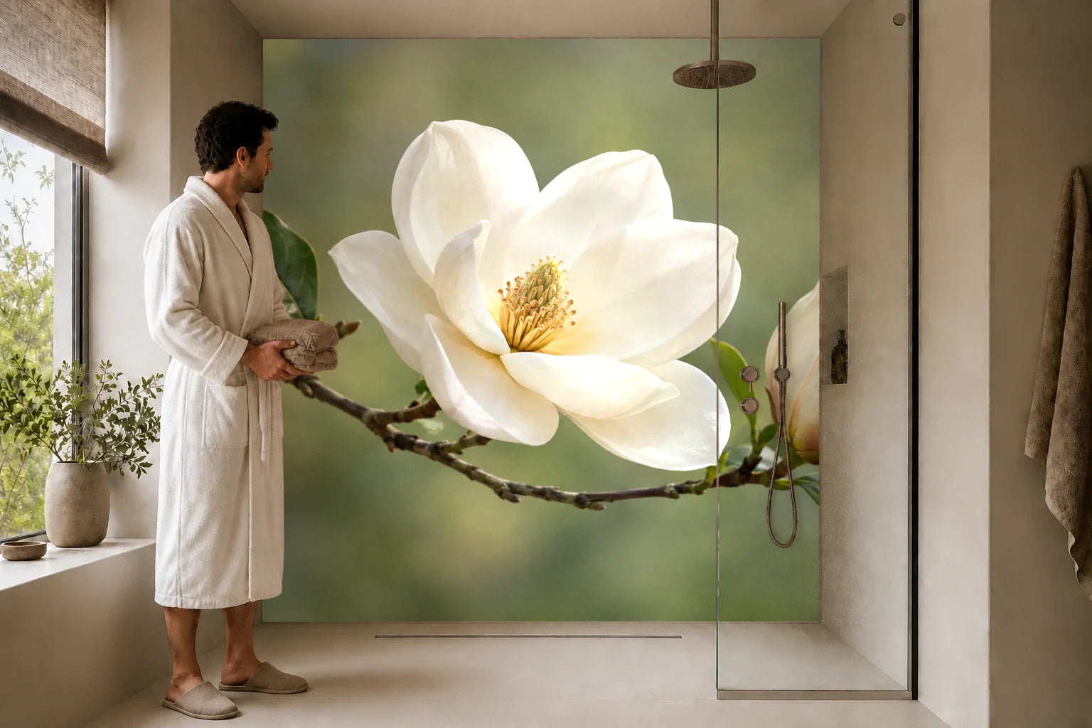 Duschrückwand „Magnolienzweig vor sanftem Grün“ in einer Dusche mit einem Mann im Bademantel