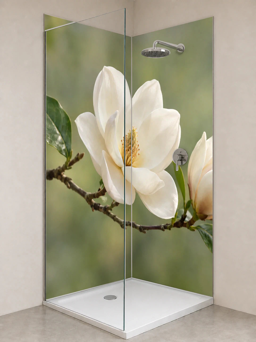 Duschrückwand „Magnolienzweig vor sanftem Grün“ als installierte Rückwand in einer hellen Dusche