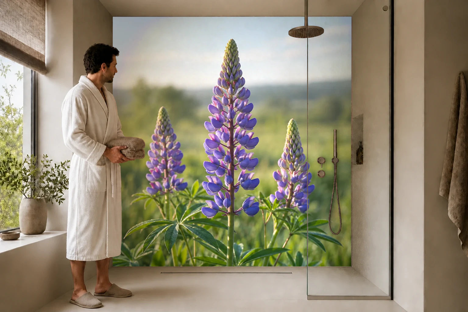 Duschrückwand „Lupinen vor weiter Wiese“ in einer Dusche mit einem Mann im Bademantel