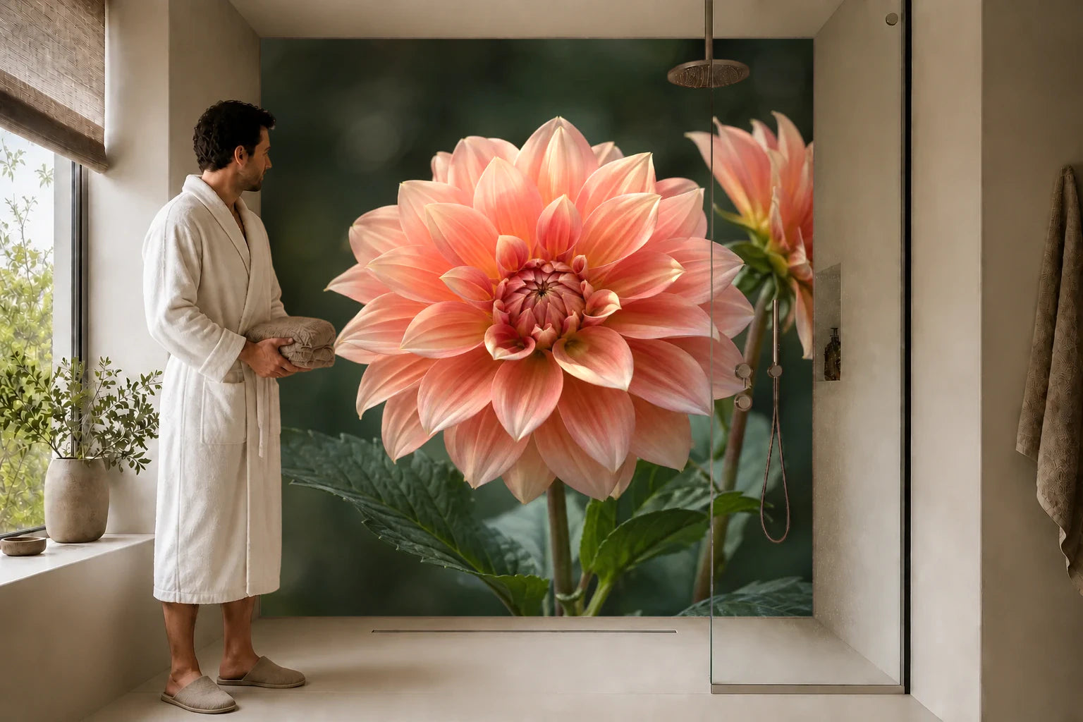 Duschrückwand „Dahlien im weichen Gartenlicht“ in einer Dusche mit einem Mann im Bademantel