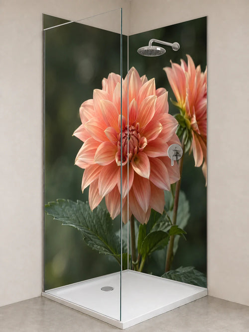 Duschrückwand „Dahlien im weichen Gartenlicht“ als installierte Rückwand in einer hellen Dusche