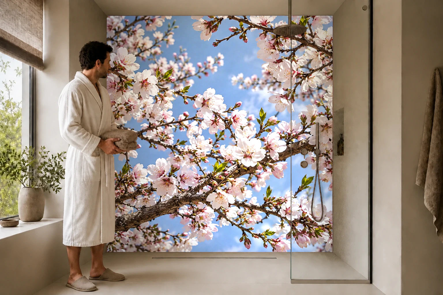 Duschrückwand „Mandelblüte im hellen Frühling“ in einer Dusche mit einem Mann im Bademantel