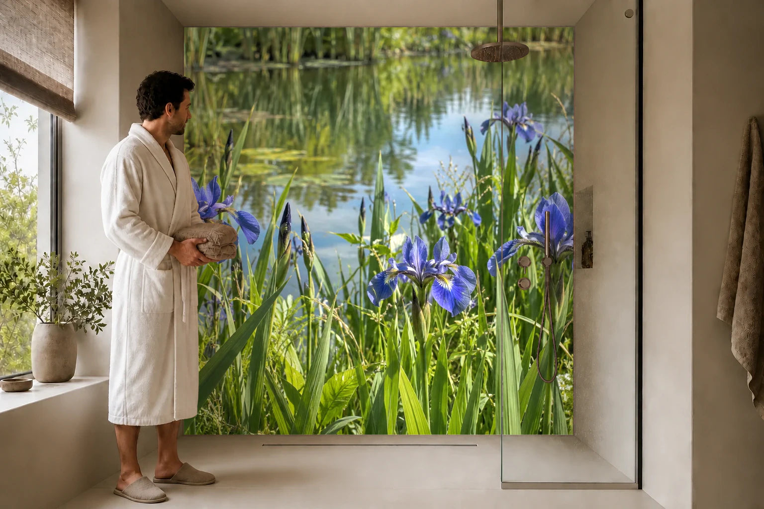 Duschrückwand „Irisblüten am stillen Teichufer“ in einer Dusche mit einem Mann im Bademantel