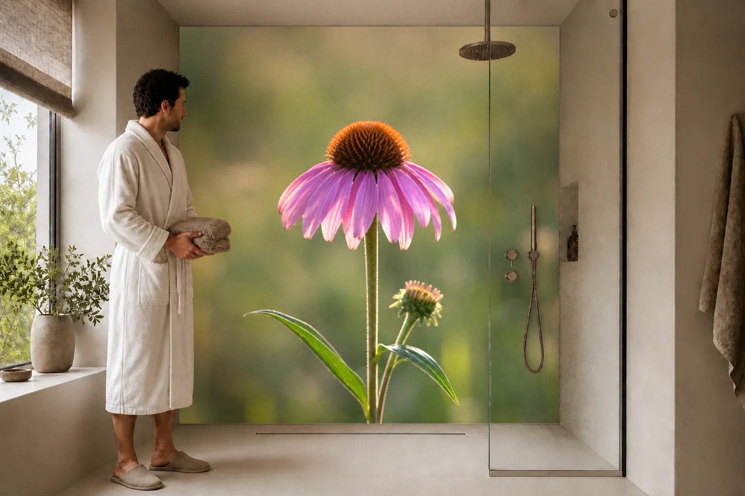 Duschrückwand „Sonnenhut im sanften Gegenlicht“ in einer Dusche mit einem Mann im Bademantel