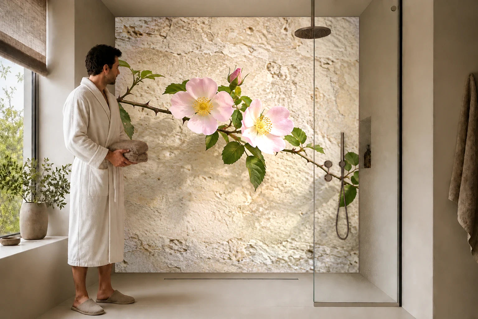 Duschrückwand „Rosenzweig an heller Steinwand“ in einer Dusche mit einem Mann im Bademantel