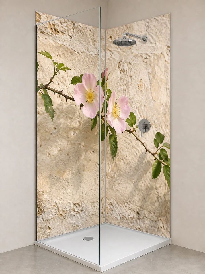 Duschrückwand „Rosenzweig an heller Steinwand“ als installierte Rückwand in einer hellen Dusche