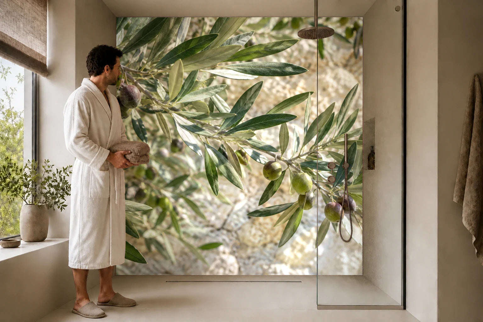 Duschrückwand „Olivenzweige vor hellem Kalk“ in einer Dusche mit einem Mann im Bademantel