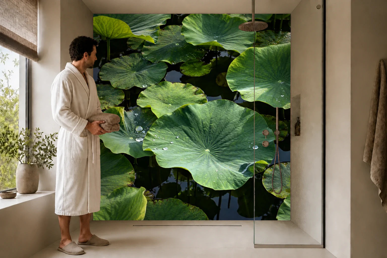 Duschrückwand „Lotusblätter über ruhigem Wasser“ in einer Dusche mit einem Mann im Bademantel