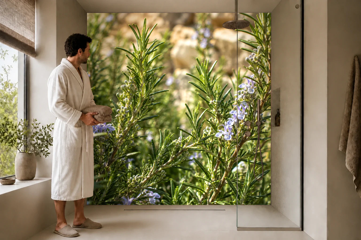 Duschrückwand „Rosmarin im mediterranen Garten“ in einer Dusche mit einem Mann im Bademantel
