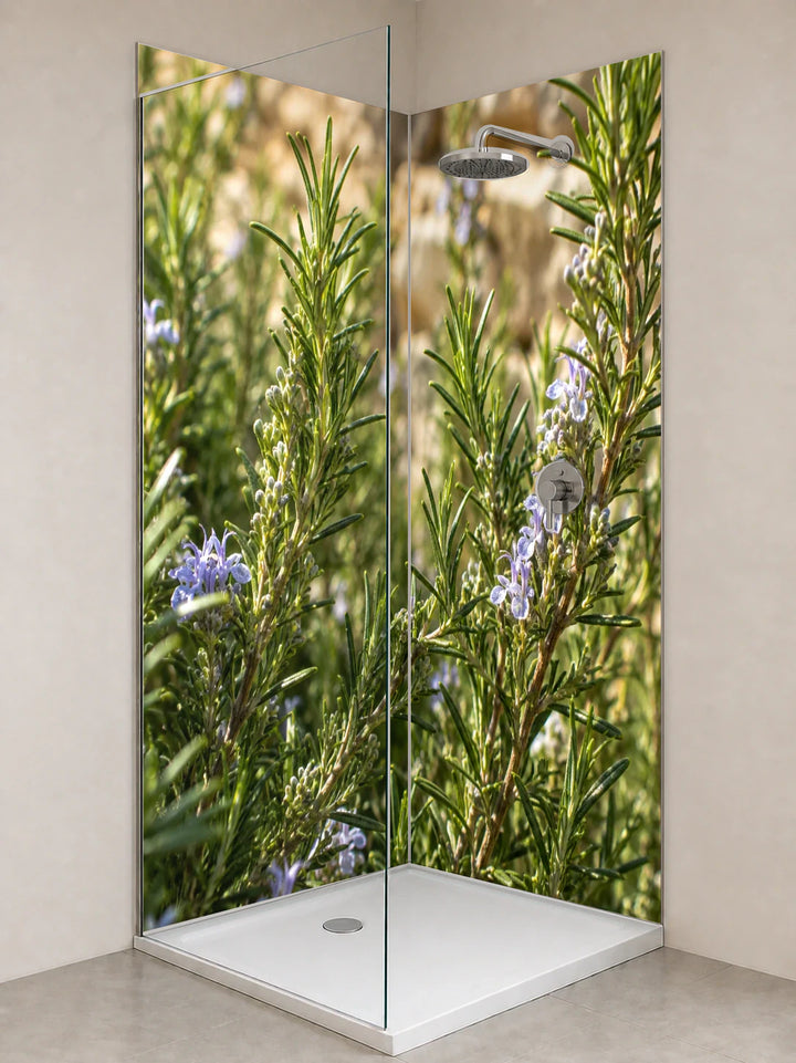 Duschrückwand „Rosmarin im mediterranen Garten“ als installierte Rückwand in einer hellen Dusche