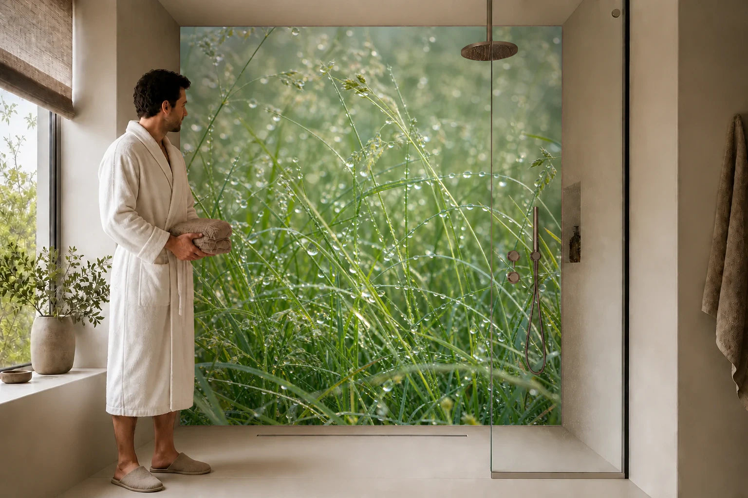 Duschrückwand „Morgentau auf Wiesengrün“ in einer Dusche mit einem Mann im Bademantel