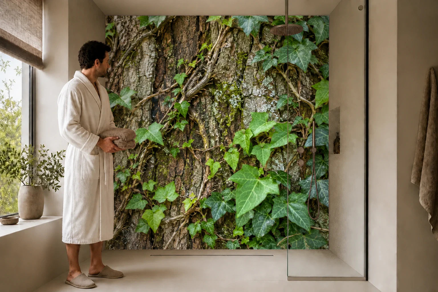Duschrückwand „Efeu auf rauer Baumrinde“ in einer Dusche mit einem Mann im Bademantel