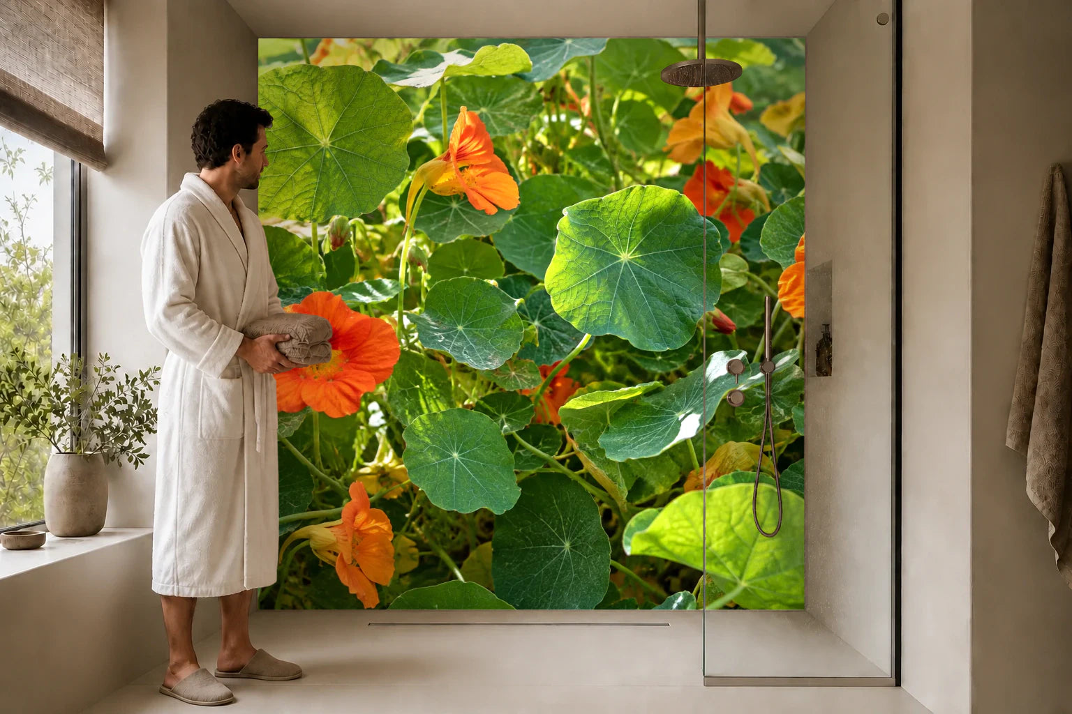 Duschrückwand „Kapuzinerkresse im Sommerlicht“ in einer Dusche mit einem Mann im Bademantel