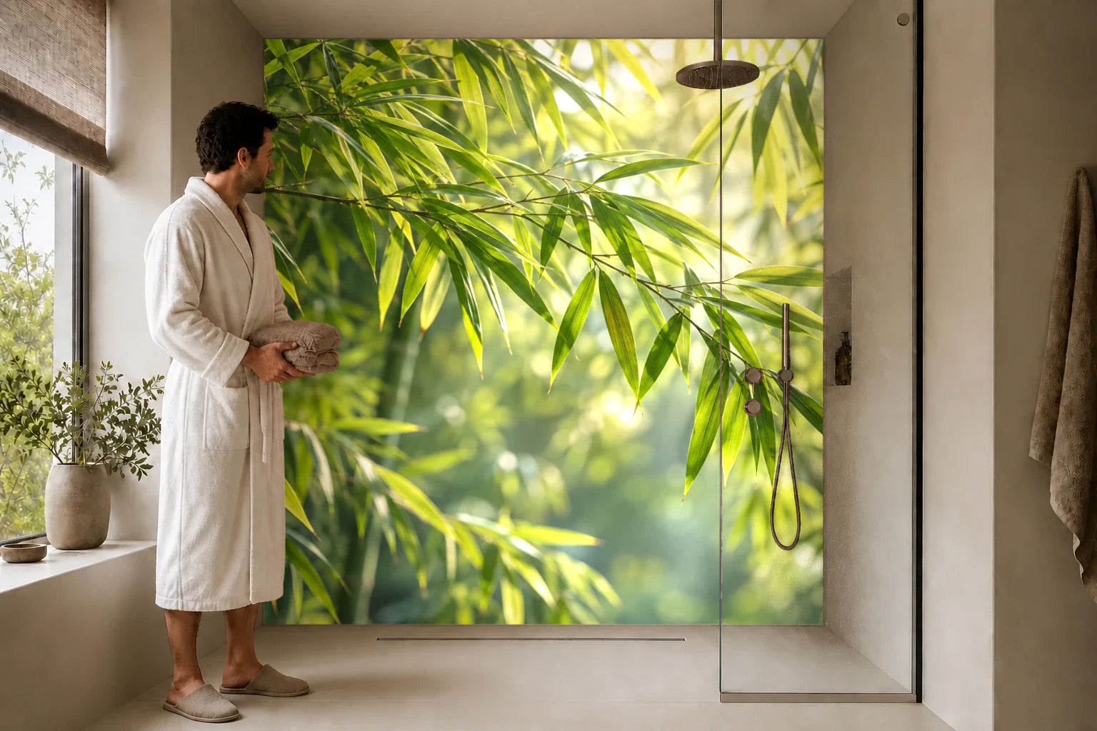 Duschrückwand „Bambuslaub im sanften Gegenlicht“ in einer Dusche mit einem Mann im Bademantel