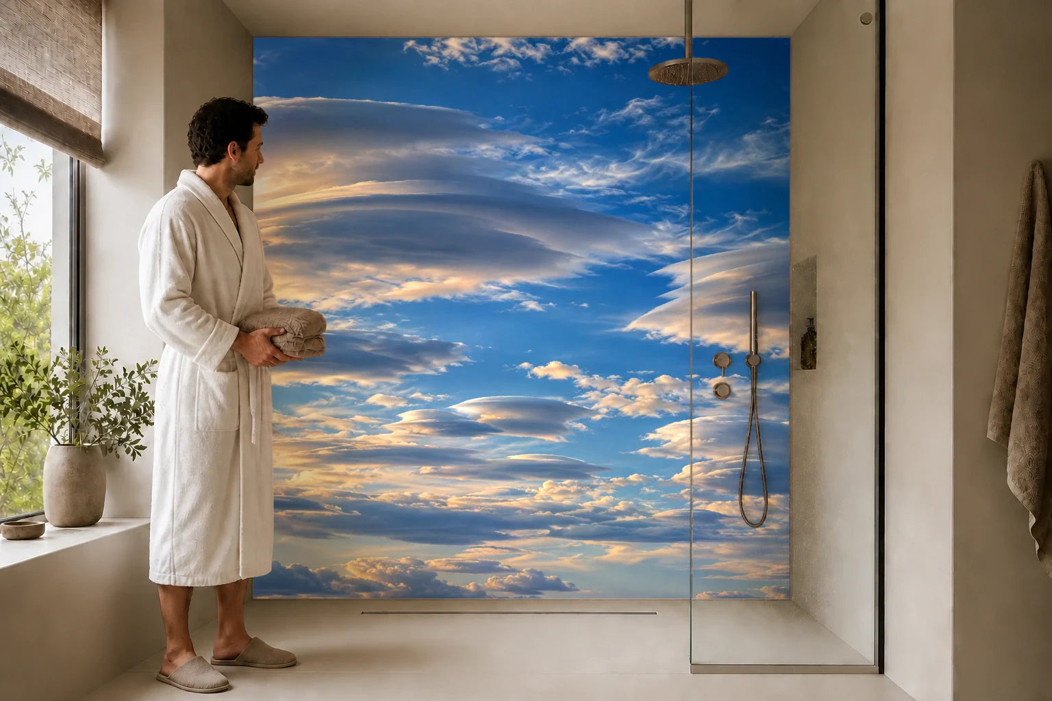 Duschrückwand „Linsenwolken im klaren Blau“ in einer Dusche mit einem Mann im Bademantel