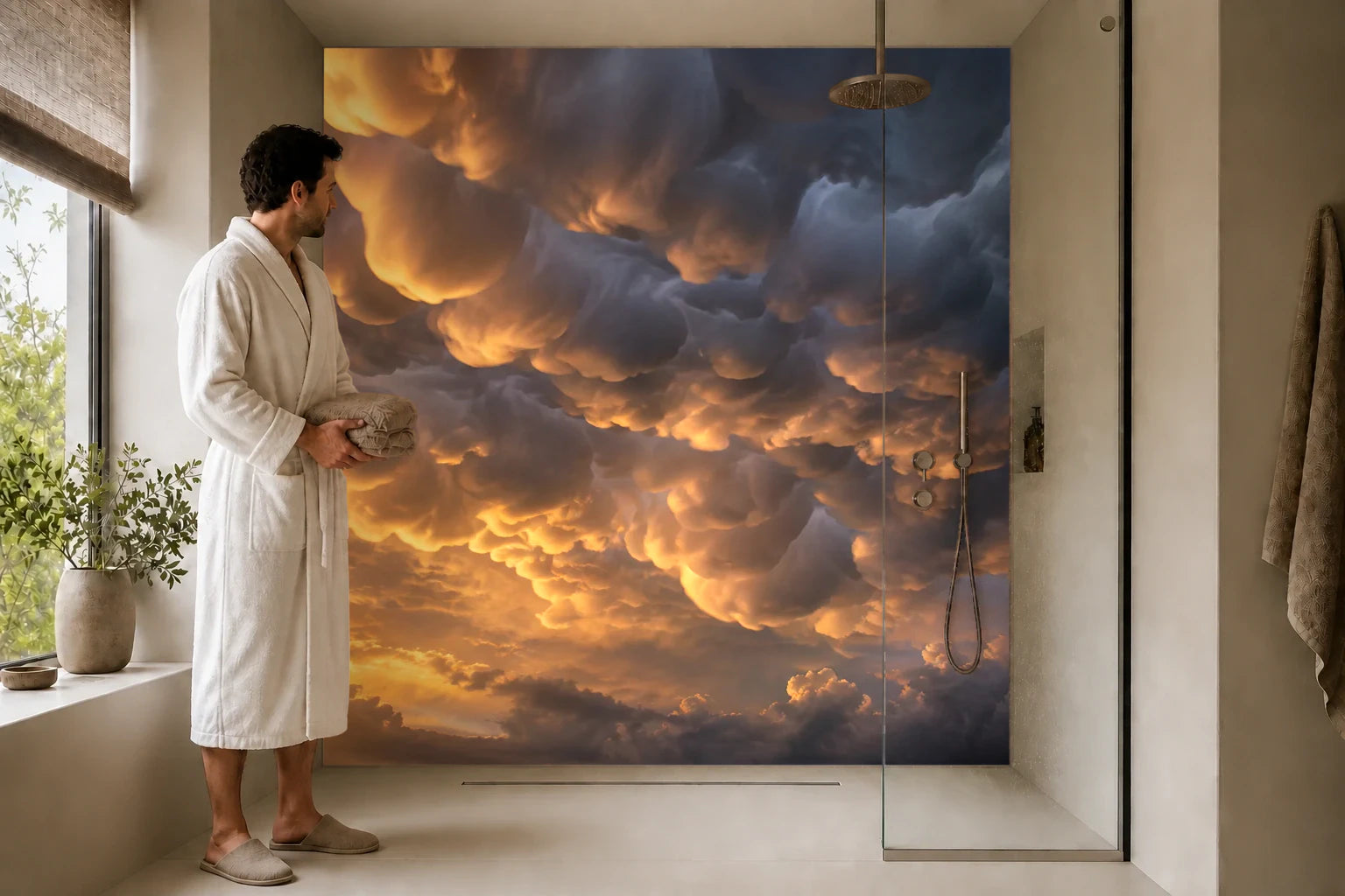 Duschrückwand „Mammatuswolken nach dem Gewitter“ in einer Dusche mit einem Mann im Bademantel
