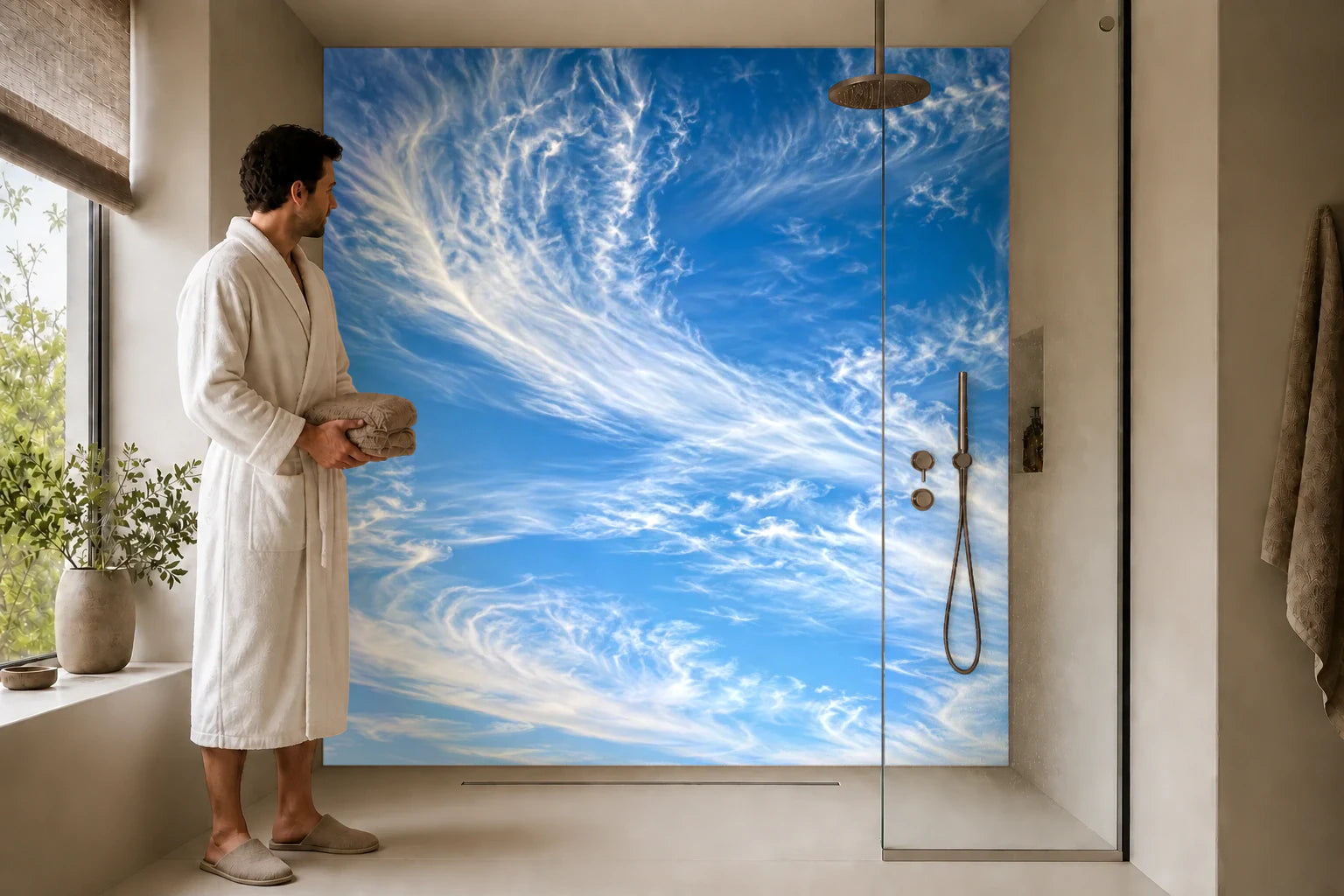 Duschrückwand „Feine Eiswolken im Höhenwind“ in einer Dusche mit einem Mann im Bademantel