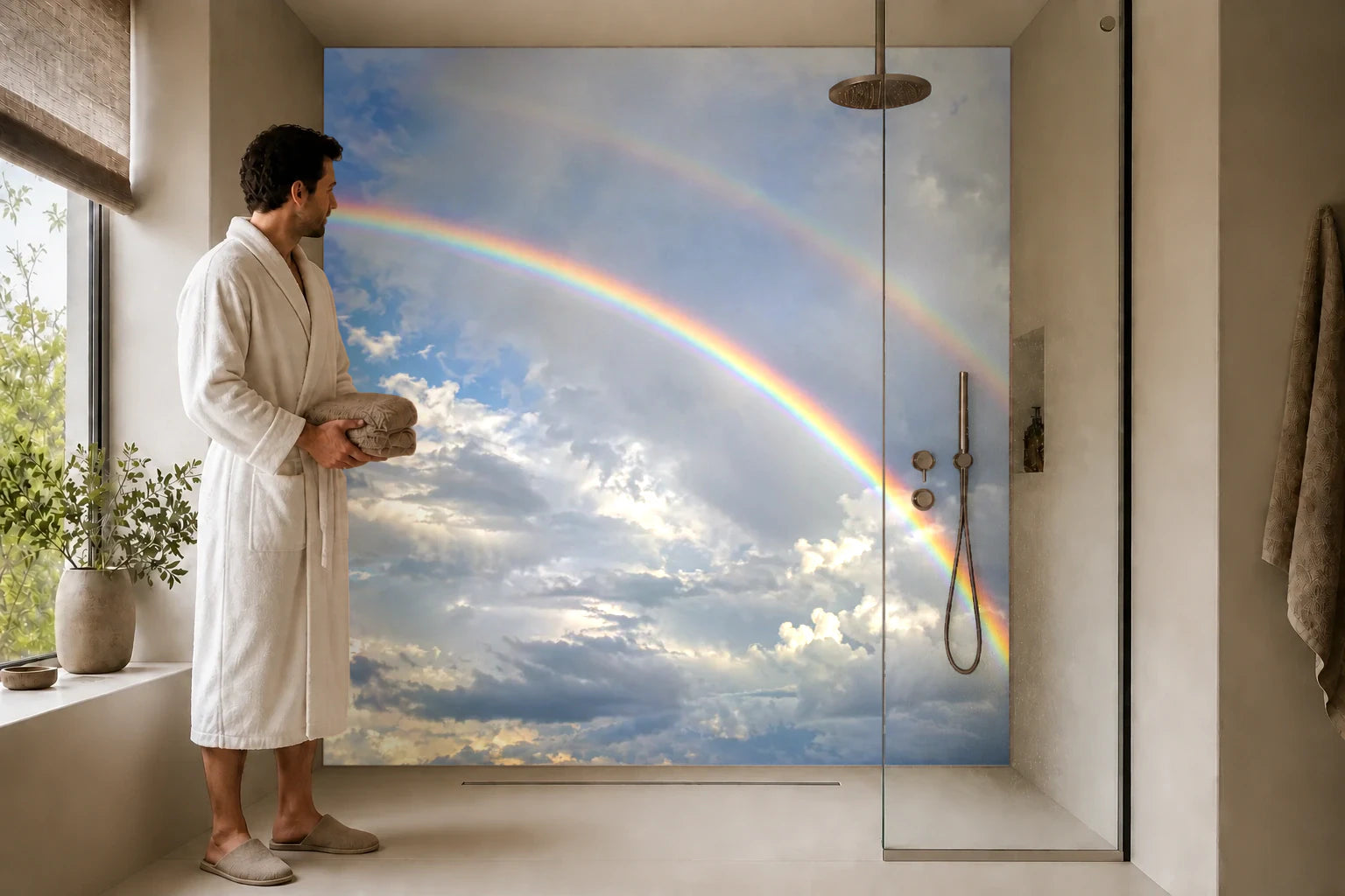 Duschrückwand „Doppelter Regenbogen über Wolken“ in einer Dusche mit einem Mann im Bademantel