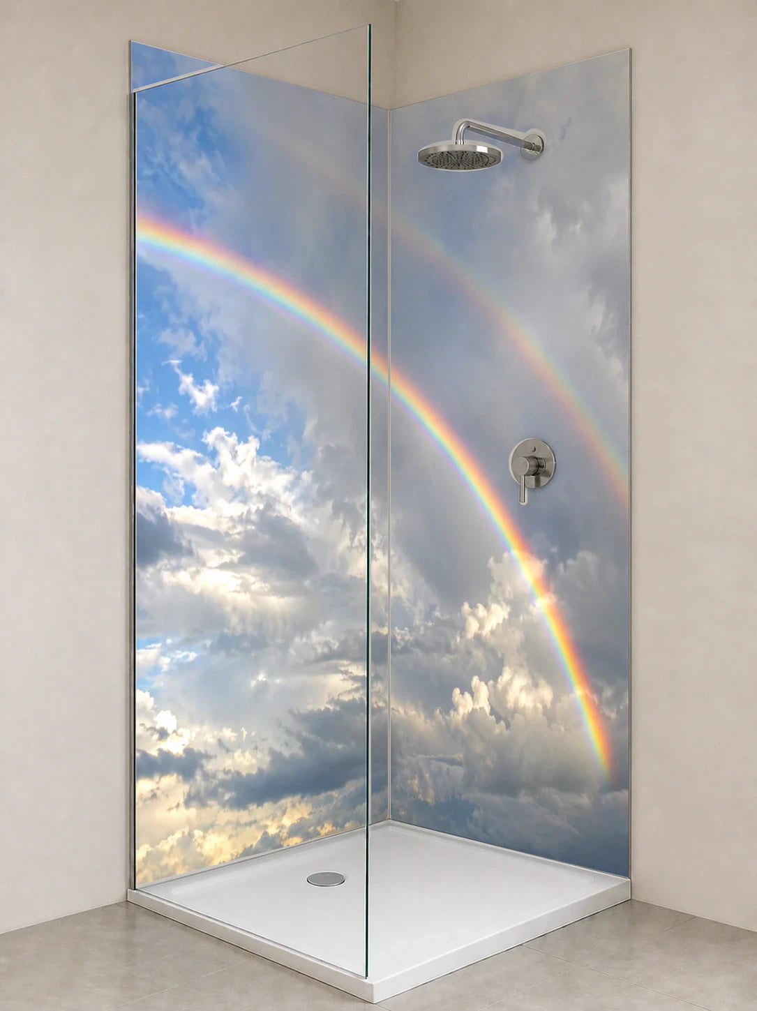 Duschrückwand „Doppelter Regenbogen über Wolken“ als installierte Rückwand in einer hellen Dusche