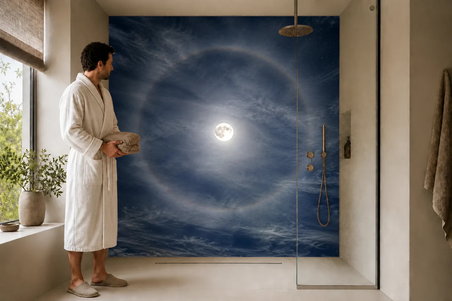 Duschrückwand „Mondhalo in klarer Winternacht“ in einer Dusche mit einem Mann im Bademantel