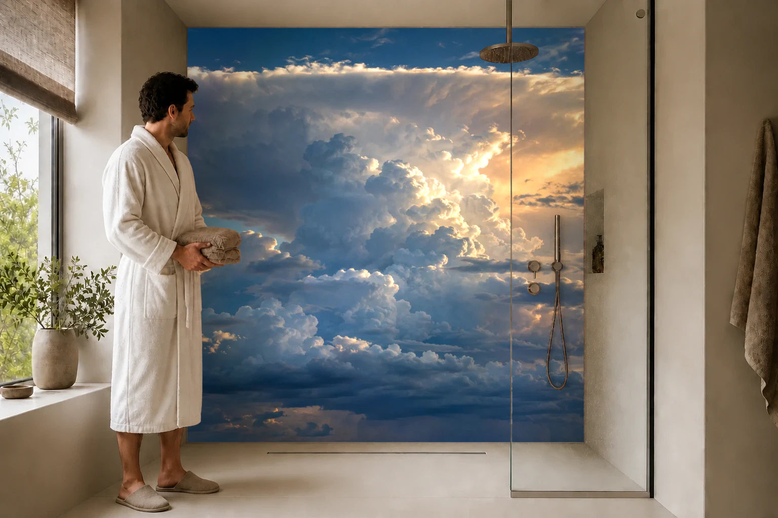 Duschrückwand „Ambosswolke im fernen Abendlicht“ in einer Dusche mit einem Mann im Bademantel