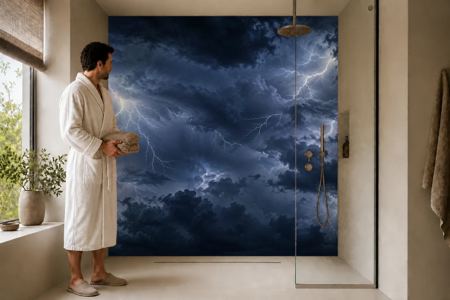 Duschrückwand „Gewitterblitze hinter Regenwolken“ in einer Dusche mit einem Mann im Bademantel