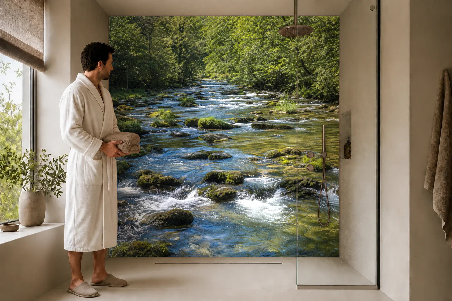 Duschrückwand „Quellfluss im grünen Tal“ in einer Dusche mit einem Mann im Bademantel